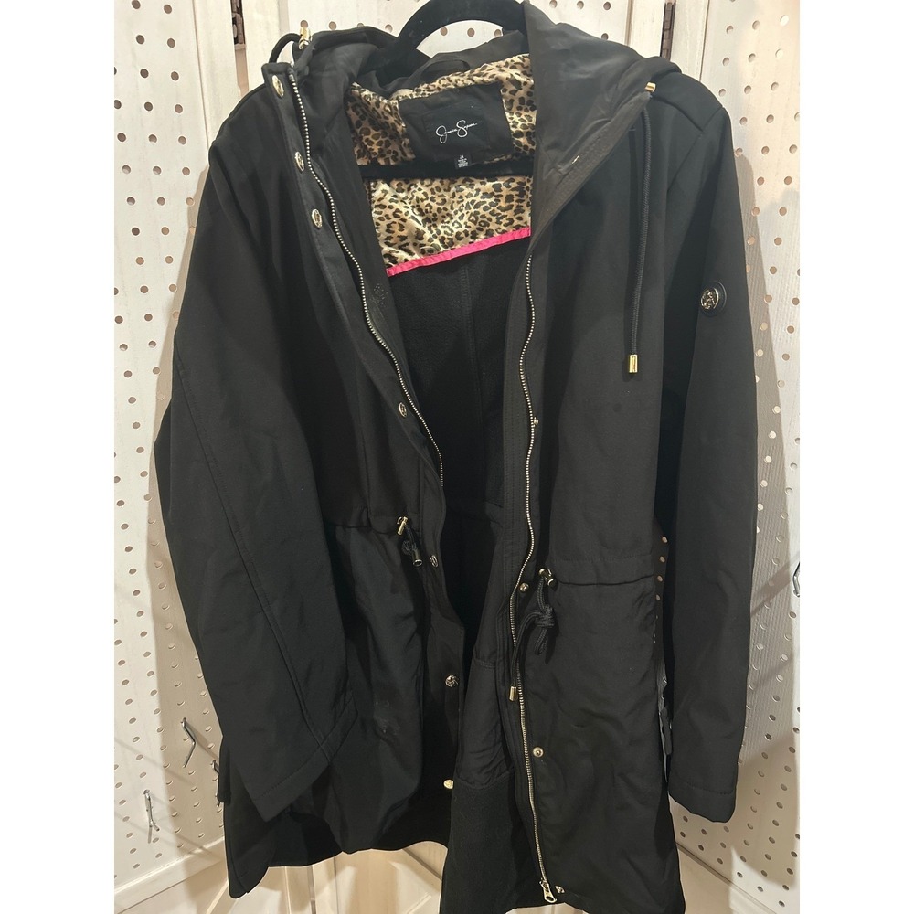Jessica Simpson Black Hooded Anorak Jacket Leopard Lined Drawstring Size 2X